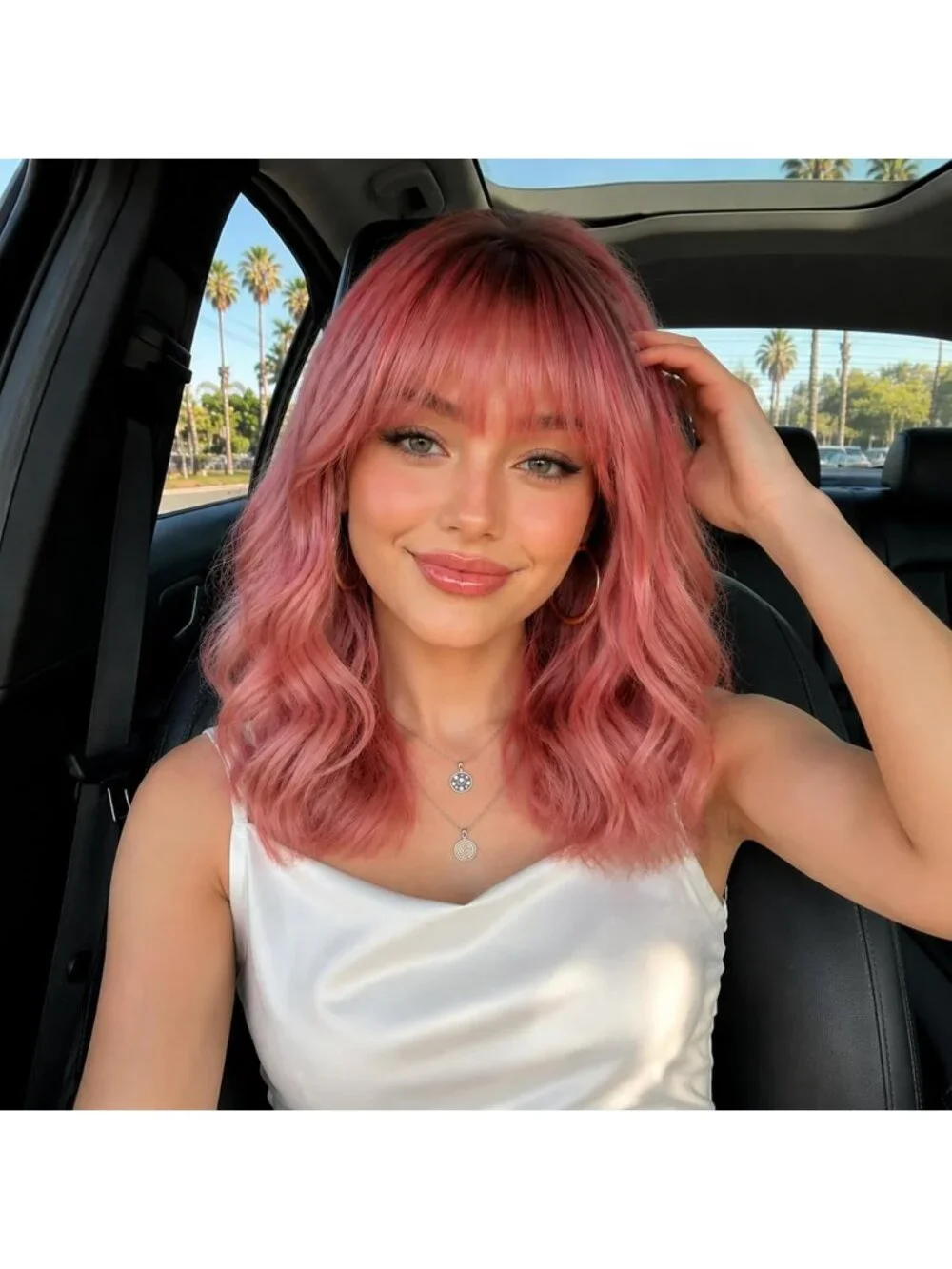 Women's Ombre Pink 16 Inch Wavy Wig Bangs Shoulder Length Synthetic Hair